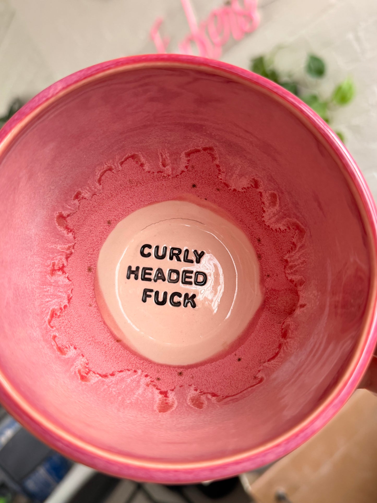 SECONDS - Handmade Sweary Jumbo Janice Mug - CURLY HEADED FUCK