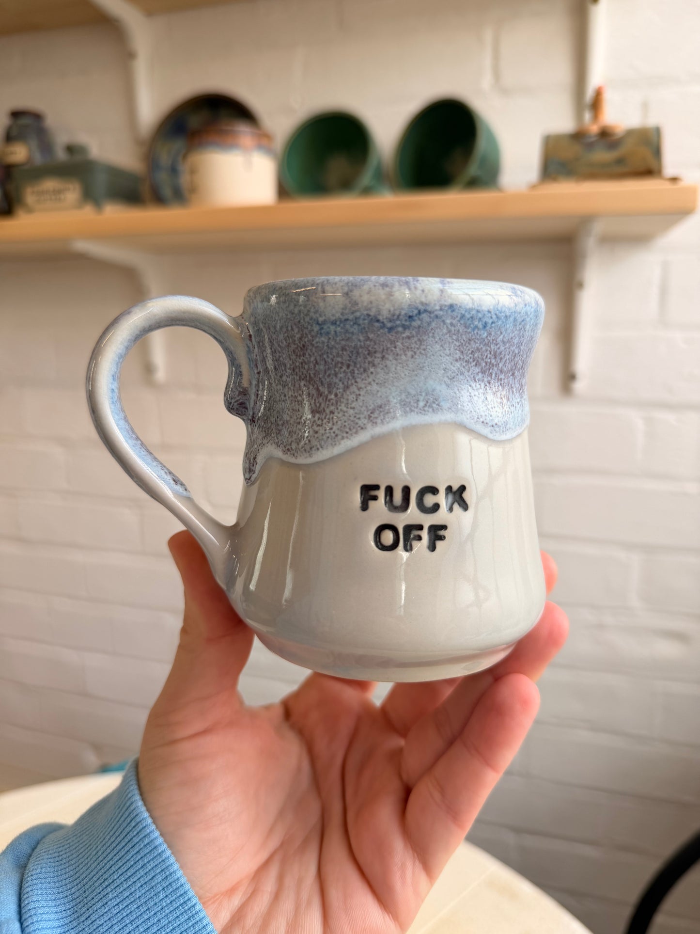 Handmade Sweary Miriam Mug Blue - FUCK OFF