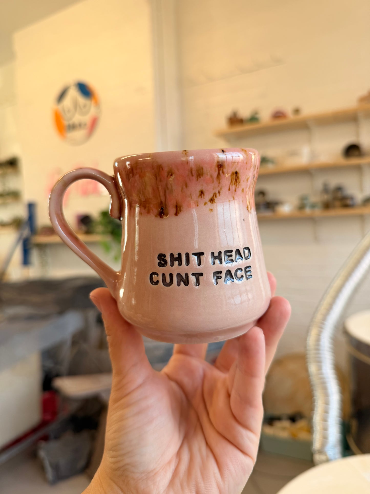 Handmade Sweary Miriam Mug Pink - SHIT HEAD CUNT FACE
