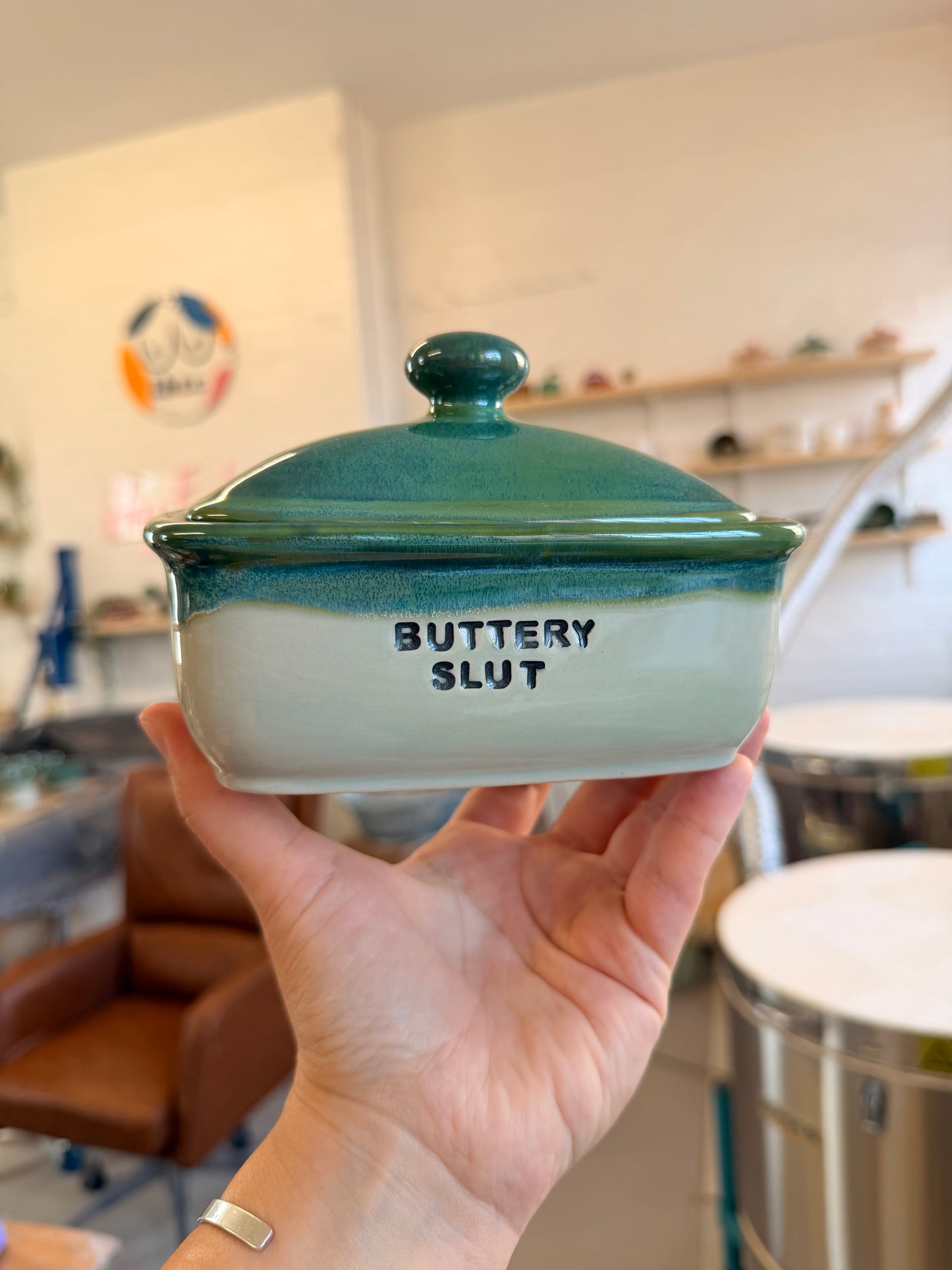 Handmade Butter Dish - BUTTERY SLUT (green)