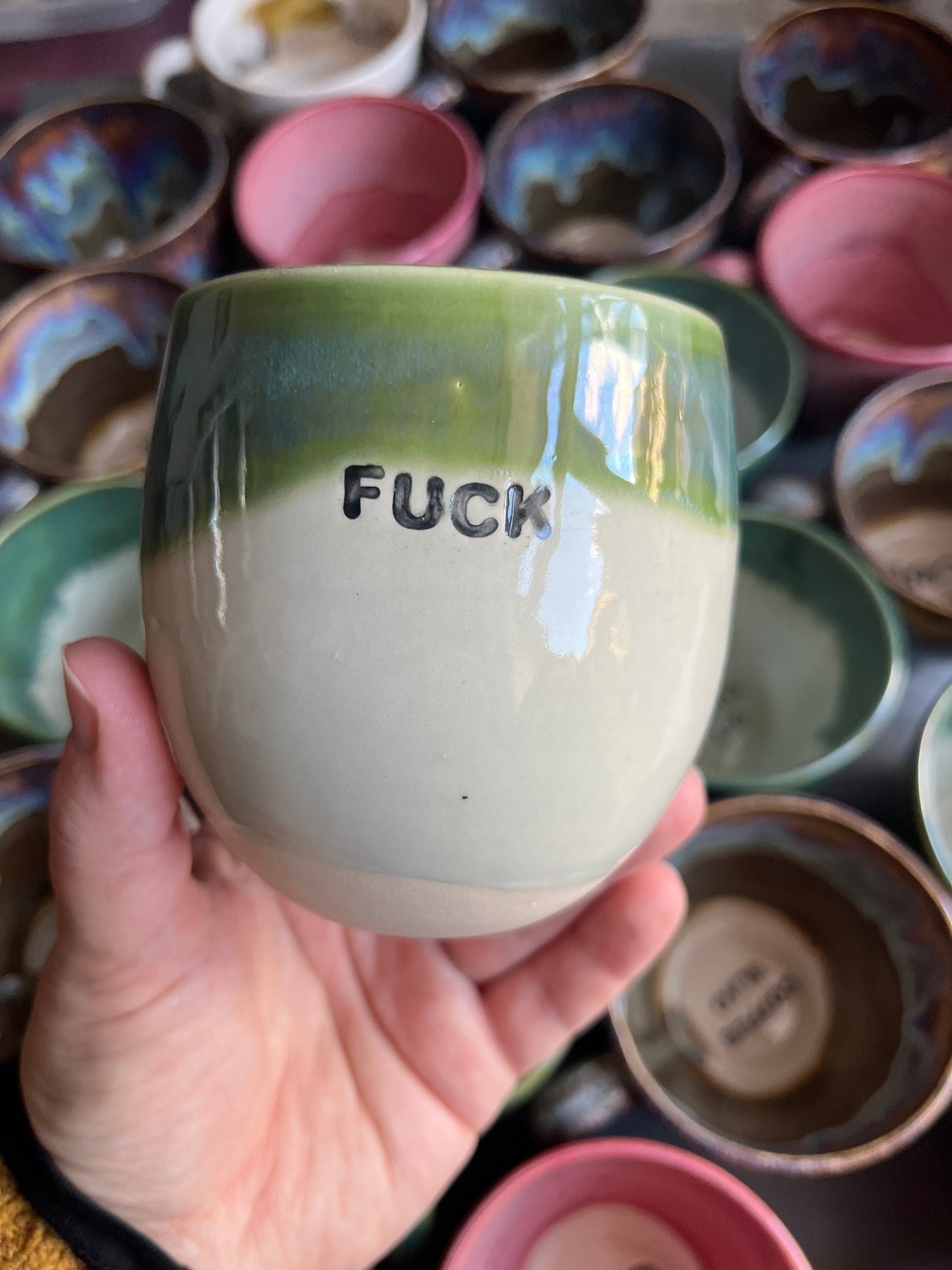 Handmade Green Sweary Pot/cup - FUCK