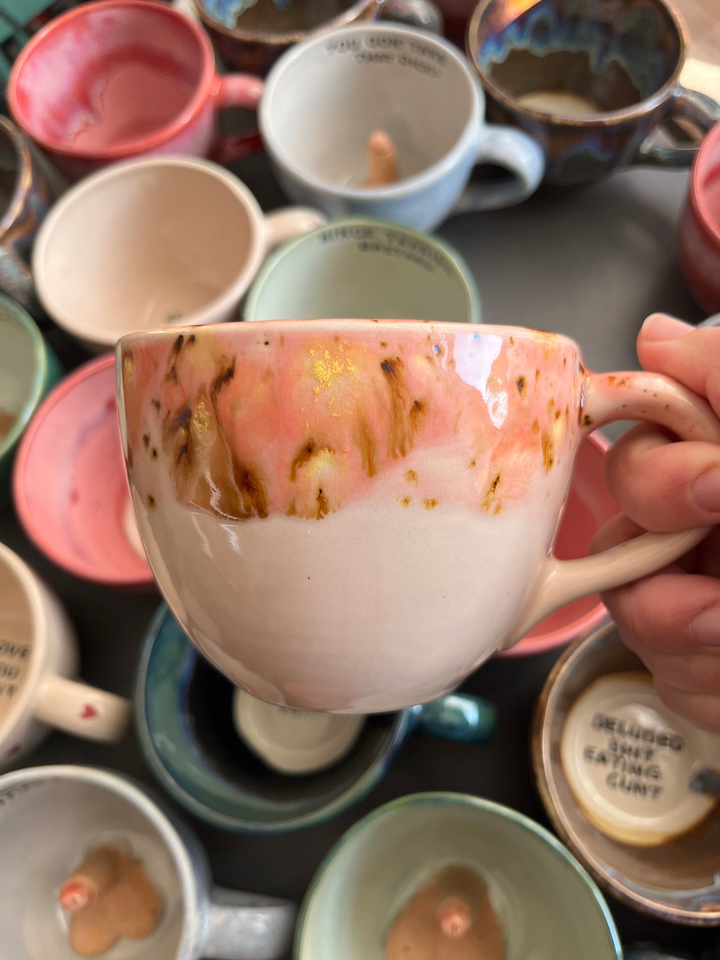 Handmade Speckled Pink Sausage Surprise Mug