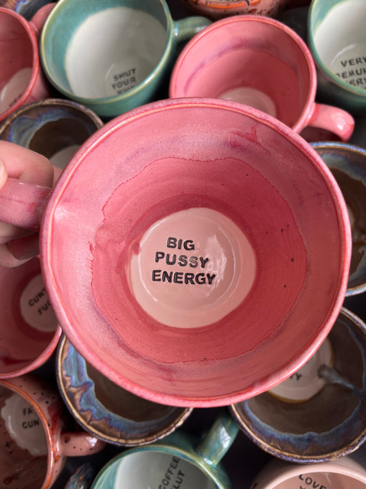 Handmade Sweary Jumbo Janice Mug  - BIG PUSSY ENERGY - left handed
