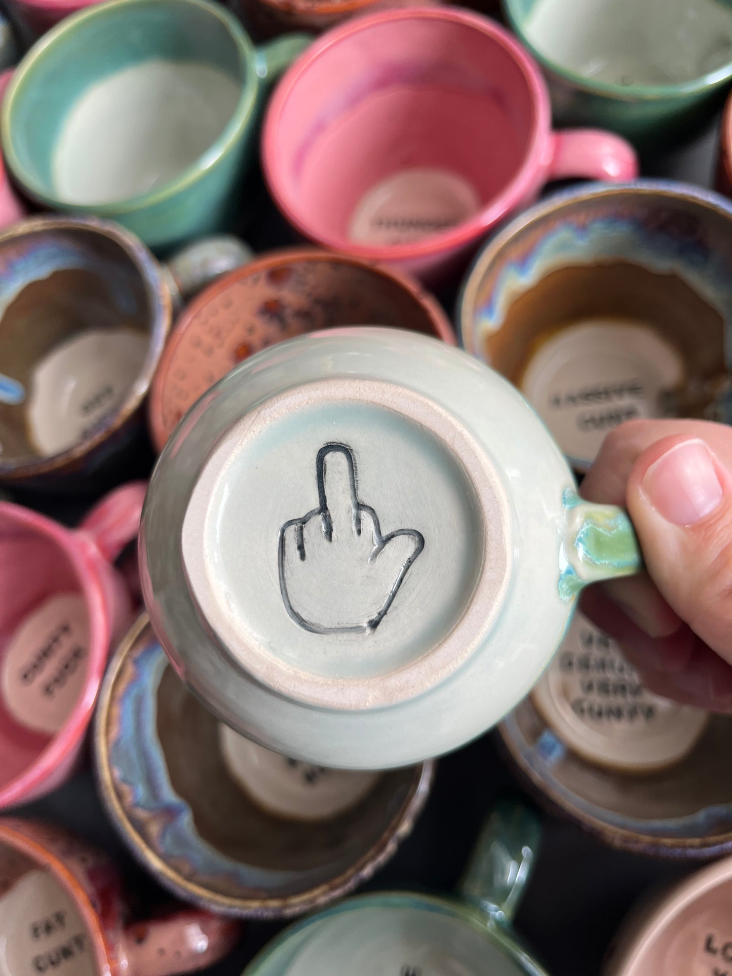 Handmade Sweary Betty Mug  - OFF YOU FUCK and MIDDLE finger on the back