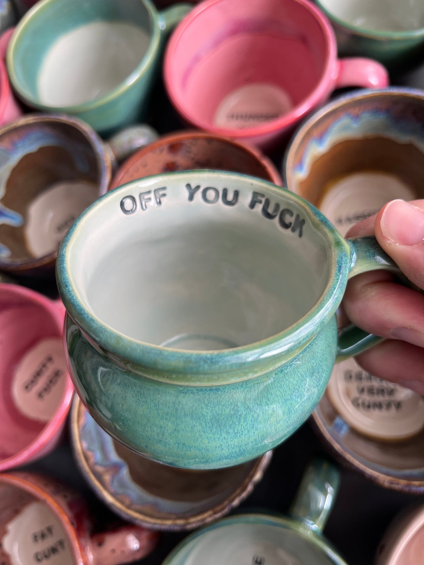 Handmade Sweary Betty Mug  - OFF YOU FUCK and MIDDLE finger on the back