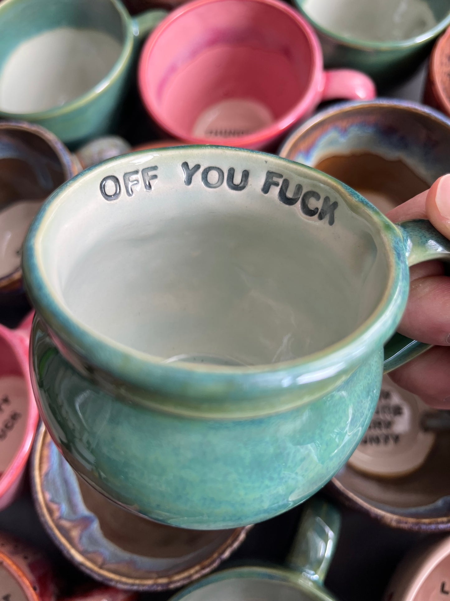 Handmade Sweary Betty Mug  - OFF YOU FUCK and MIDDLE finger on the back