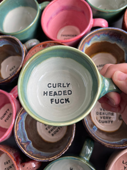 SECONDS- Wheelthrown Sweary Mug - CURLY HEADED FUCK and MIDDLE FINGER