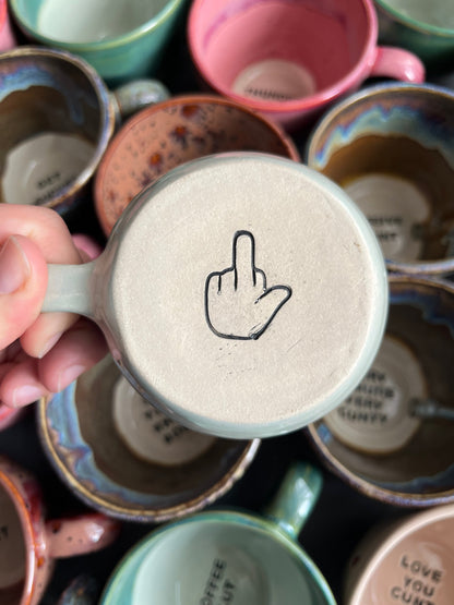 SECONDS- Wheelthrown Sweary Mug - CURLY HEADED FUCK and MIDDLE FINGER