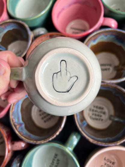 Handmade Sweary Betty Mug  - OFF YOU FUCK and MIDDLE finger on the back