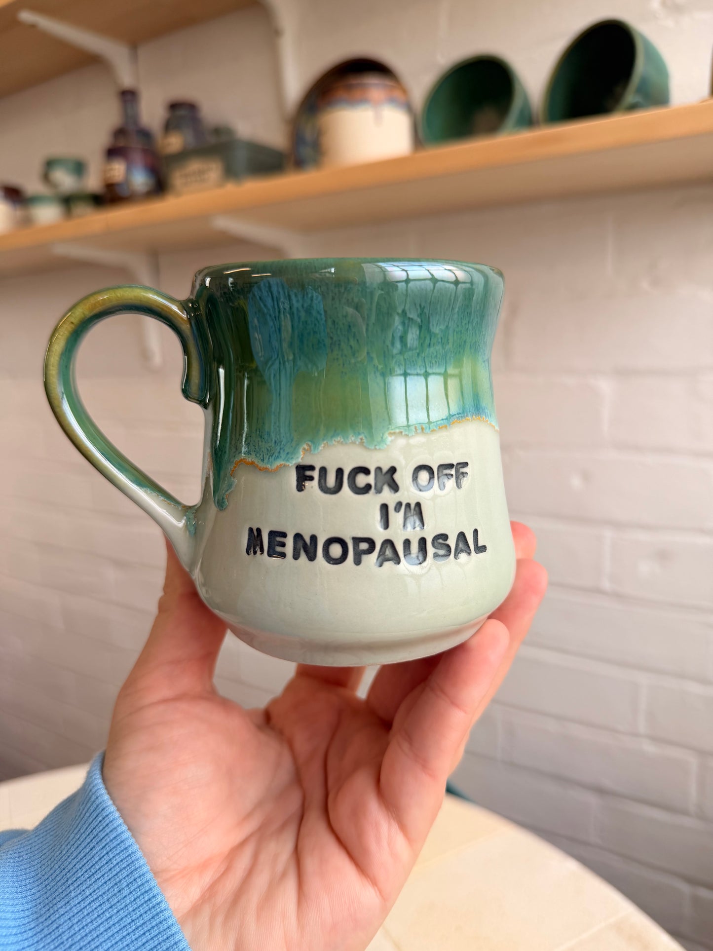 Handmade Sweary Miriam Mug  Green - FUCK OFF IM MENOPAUSAL (middle finger)