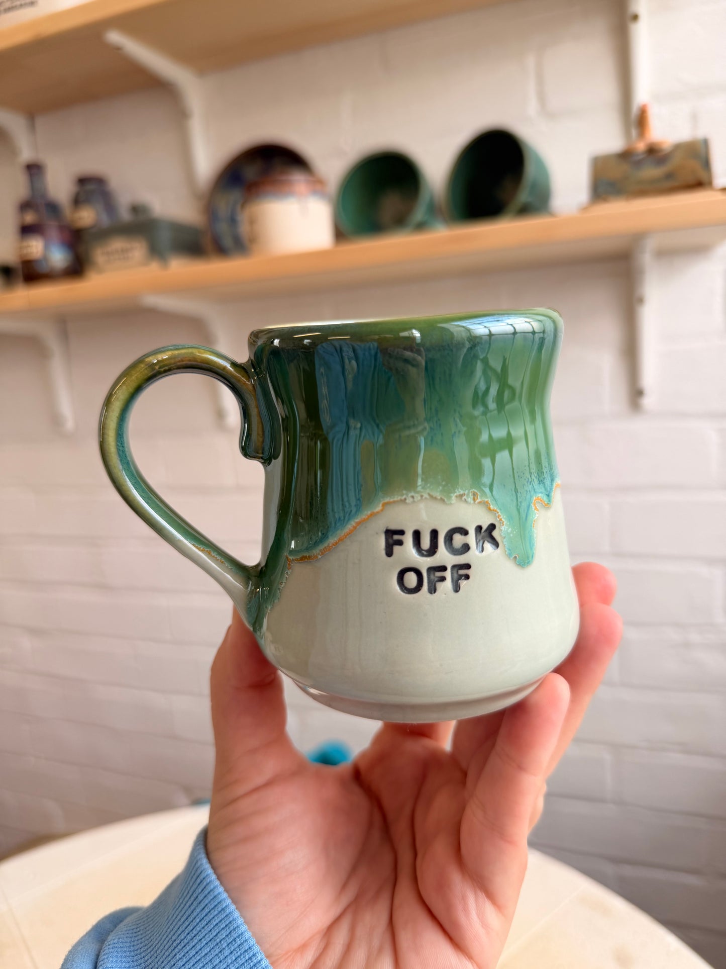 Handmade Sweary Miriam Mug  Green - FUCK OFF (middle finger)