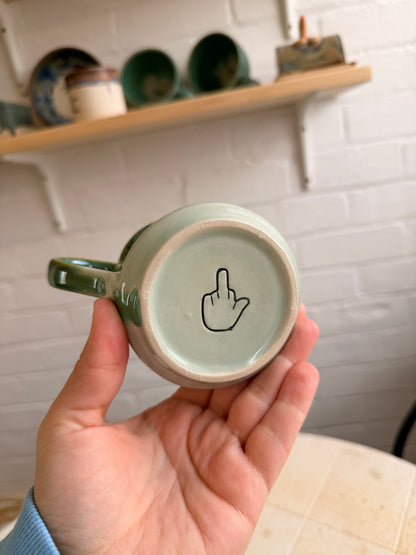 Handmade Sweary Miriam Mug  Green - FUCK OFF IM MENOPAUSAL (middle finger)