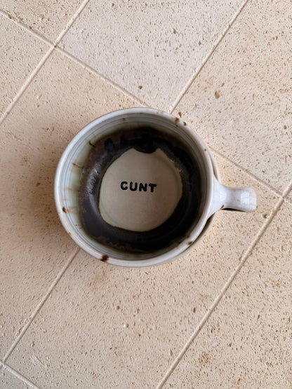 Wheel thrown mug and saucer - POSH, CUNT