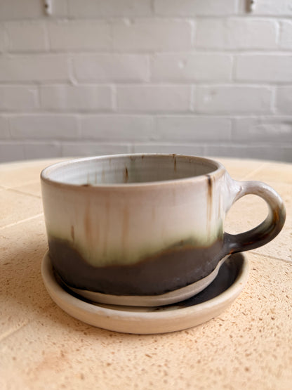 Wheel thrown mug and saucer - POSH, CUNT