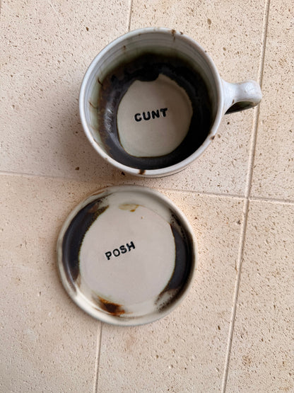 Wheel thrown mug and saucer - POSH, CUNT