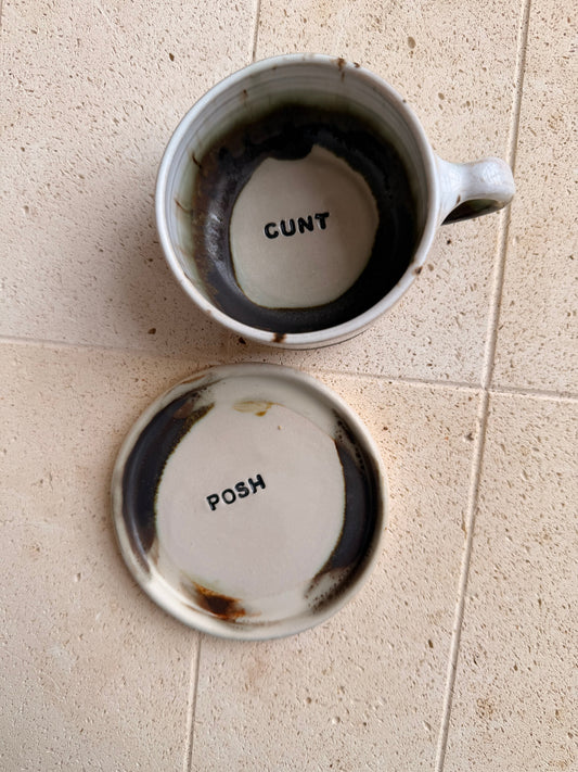 Wheel thrown mug and saucer - POSH, CUNT