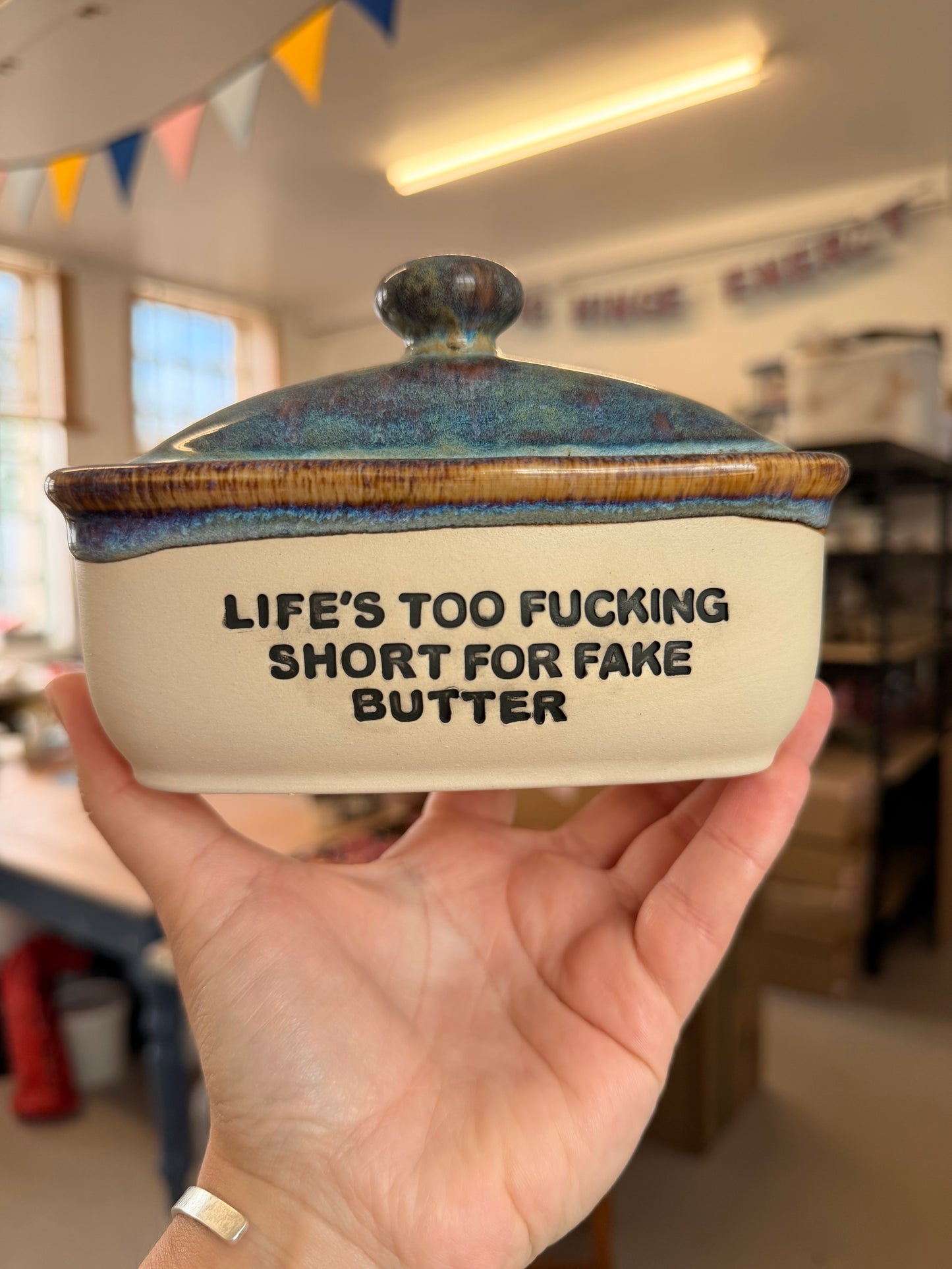 Handmade lightning Butter Dish - LIFES TOO FUCKING SHORT FOR FAKE BUTTER