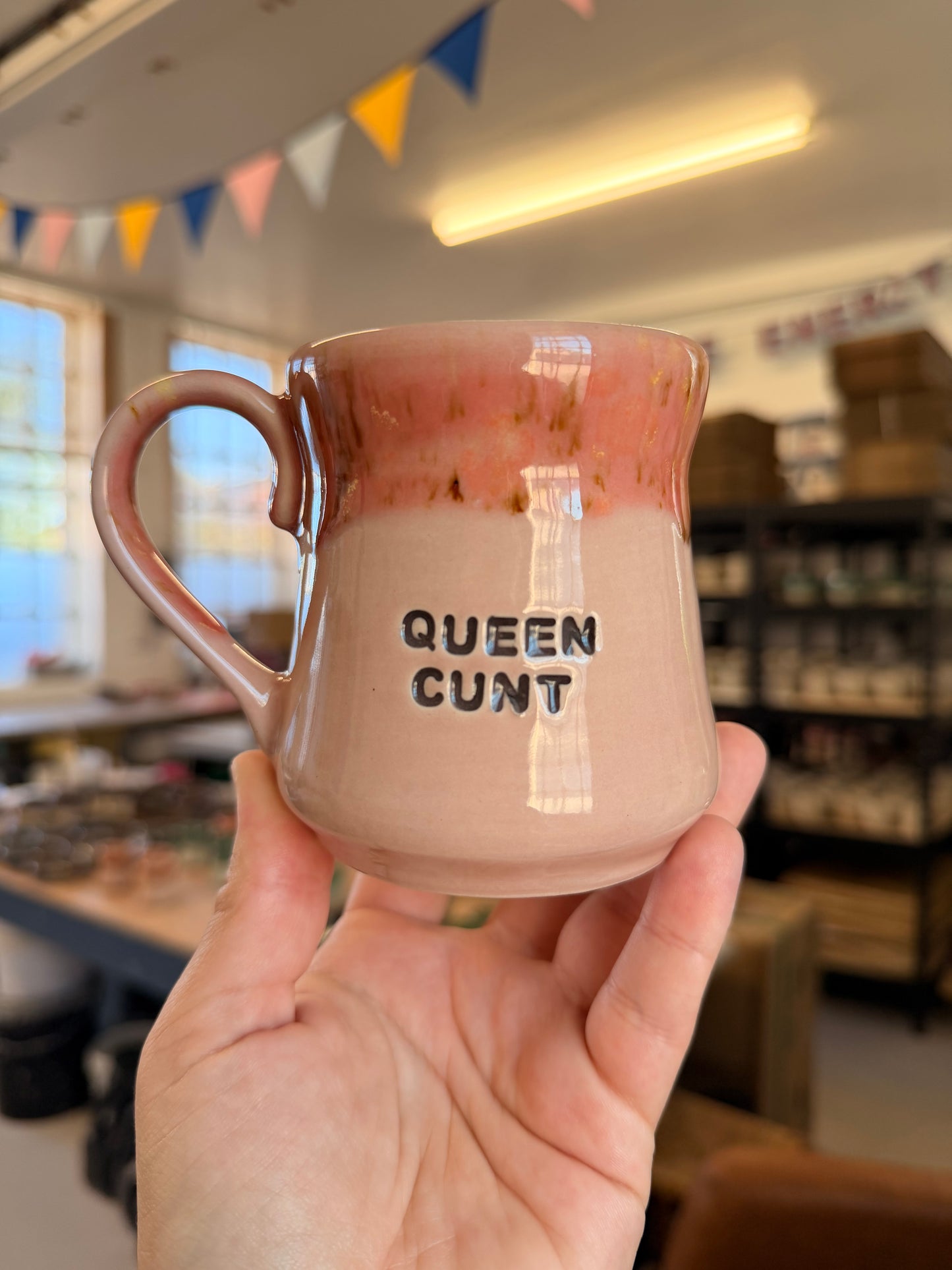 Handmade Sweary Miriam Mug  Pink -  QUEEN CUNT (middle finger)
