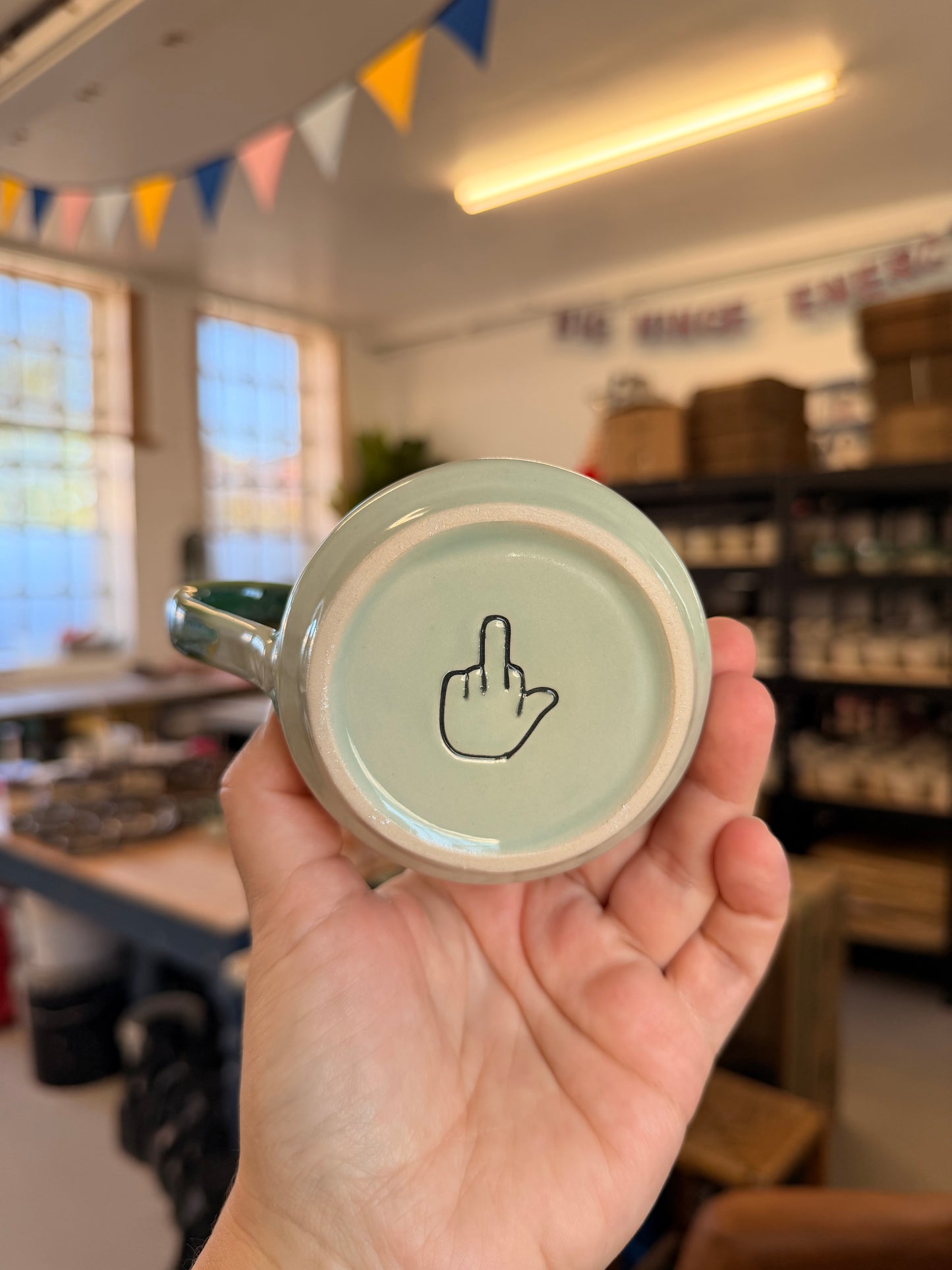 Handmade Sweary Miriam Mug  Green - THUNDER CUNT  (middle finger)