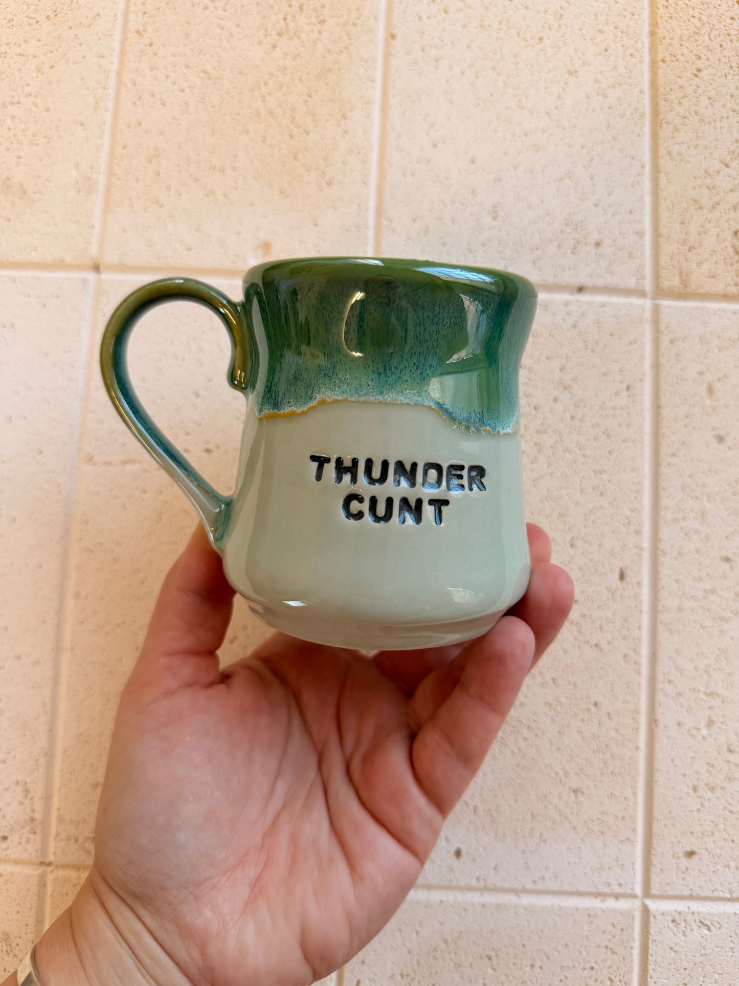 Handmade Sweary Miriam Mug  Green - THUNDER CUNT  (middle finger)