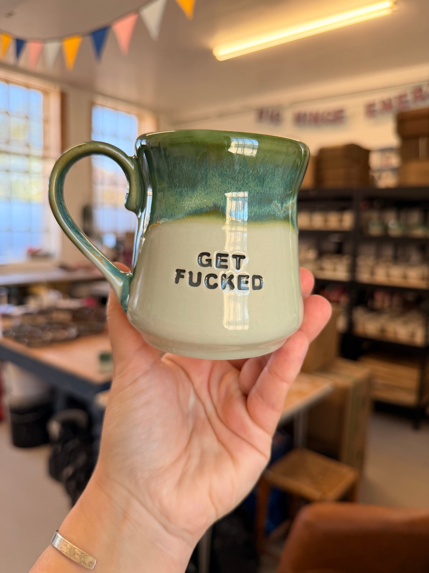 Handmade Sweary Miriam Mug  Green -  GET FUCKED (middle finger)
