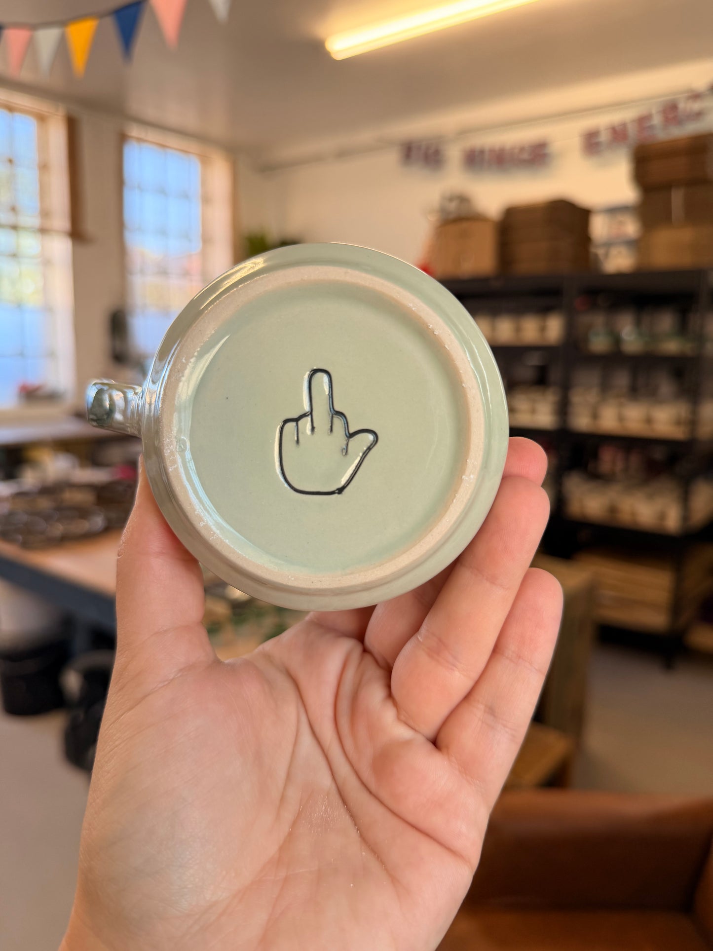 Handmade Sweary Miriam Mug  Green -  GET FUCKED (middle finger)