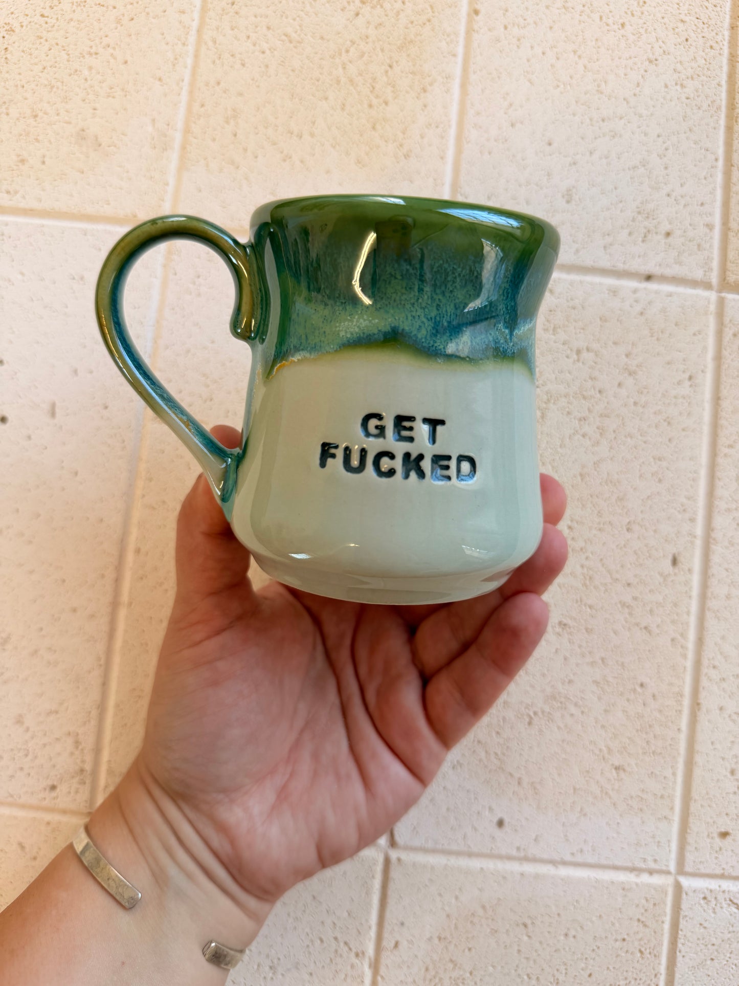 Handmade Sweary Miriam Mug  Green -  GET FUCKED (middle finger)