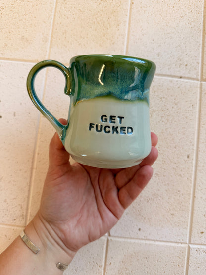 Handmade Sweary Miriam Mug  Green -  GET FUCKED (middle finger)