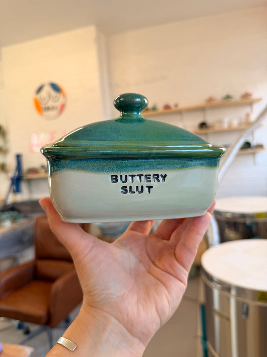 Handmade Butter Dish - BUTTERY SLUT (green)